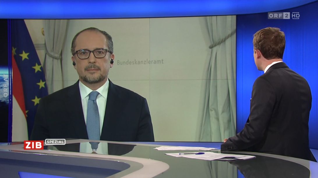 ZIB Spezial Sondersendung mit Kanzler Schallenberg am 15. November 2021.