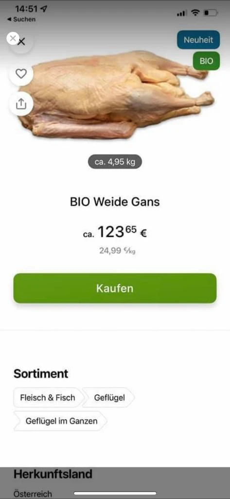 Saftig! Ein Anbieter verlangt stolze 123,65 Euro für ein Kilo Bio-Weidegans aus Österreich.