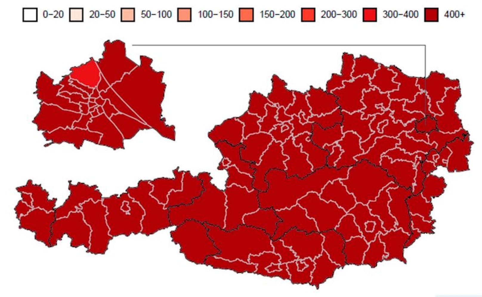 Aktuelle 7-Tages-Inzidenz pro 100.000 Einwohner in Österreichs Bezirken laut AGES-Analyse.