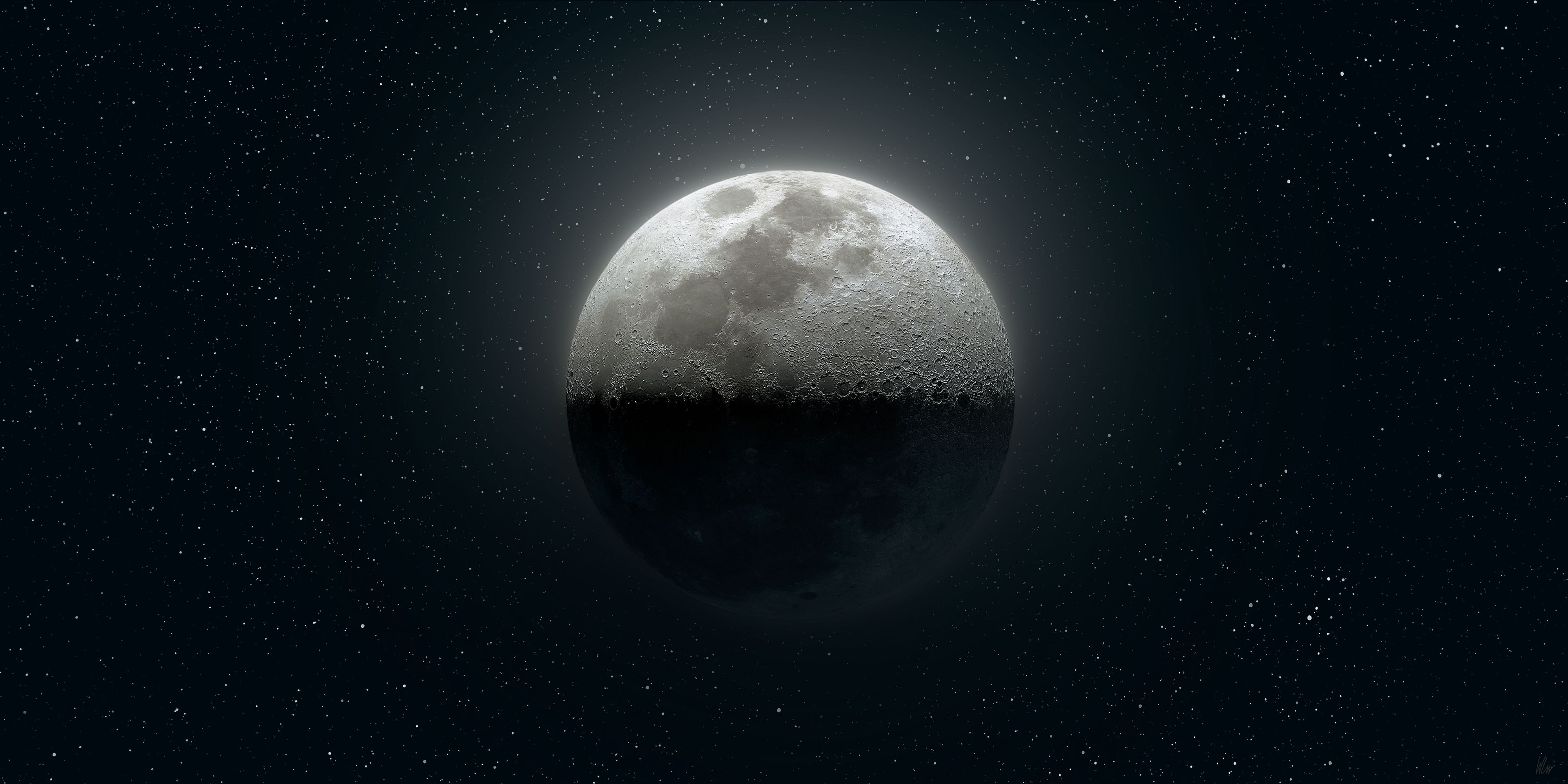 A bright half moon floating in dark starry sky