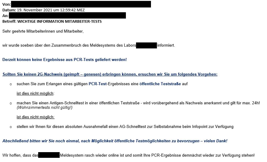 In diesem Schreiben wurde über den Zusammenbruch des Testsystems informiert.