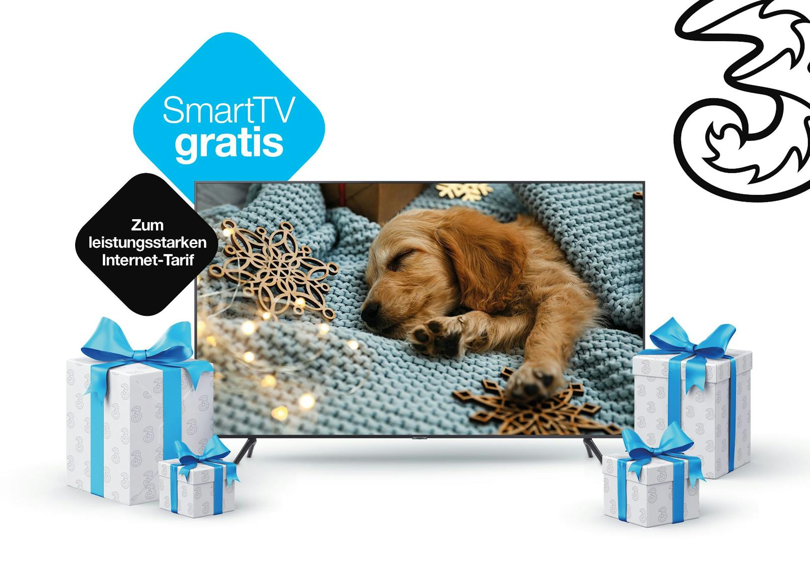 Drei zu Weihnachten: Gratis 50 Zoll 4K SmartTV zum leistungsstarken Zuhause-Internet.
