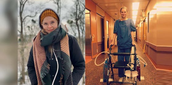 Emily F. mit Sauerstoffgerät vor der OP (links) – und kurz nach der Transplantation (rechts)
