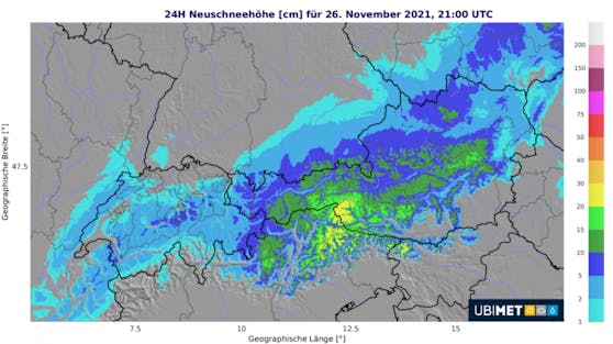Die Neuschneeprognose für Freitag:&nbsp;auch Wien wird weiß (Stand: Dienstag, 12 Uhr).