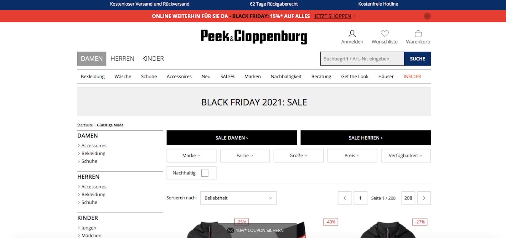 <strong>Peek &amp; Cloppenburg:</strong> Bei der deutschen Kette gibt es am Black Friday 15 Prozent auf alles.&nbsp;<em>(<a href="https://www.peek-cloppenburg.at/sale">Hier geht‘s zum Sale!</a>)</em>
