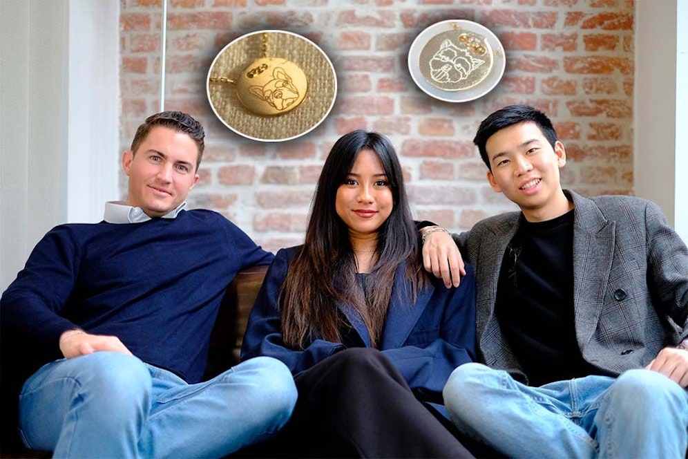 Die Jungunternehmer Jakob Selinger, Clariz Marielle Taguibao und Seung Kim (v.l.n.r.) haben mit ihrem Hundeschmuck einen TikTok-Hit gelandet. Bei 