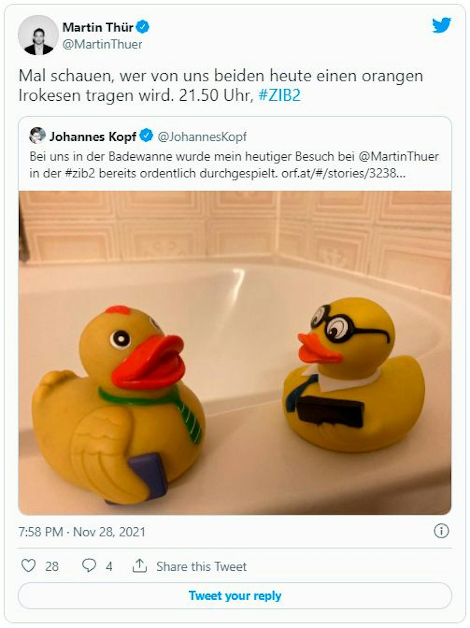 Vor dem TV-Geplänkel im ORF gab es noch Enten-Duell in der Badewanne.