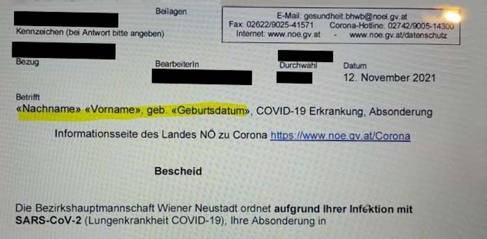 Niederösterreich Absonderungsbescheid erging an 