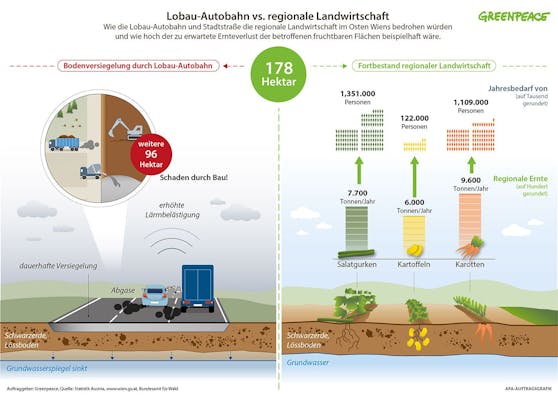 Greenpeace-Analyse: Lobau-Autobahn würde 178 Hektar der besten Böden Österreichs zerstören.