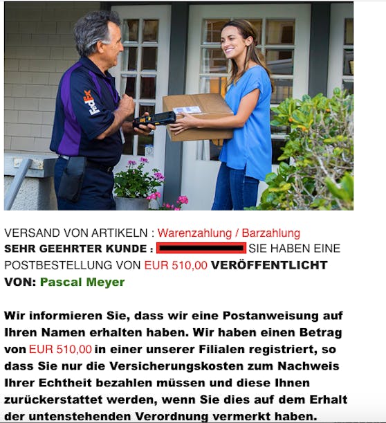 Neue Betrugsmasche: Mit diesem echt aussehenden Mail wollte ein falscher Paketdienst 100 Euro von einer Wienerin kassieren, die ein Bett auf Facebook Marketplace zum Verkauf angeboten hatte.