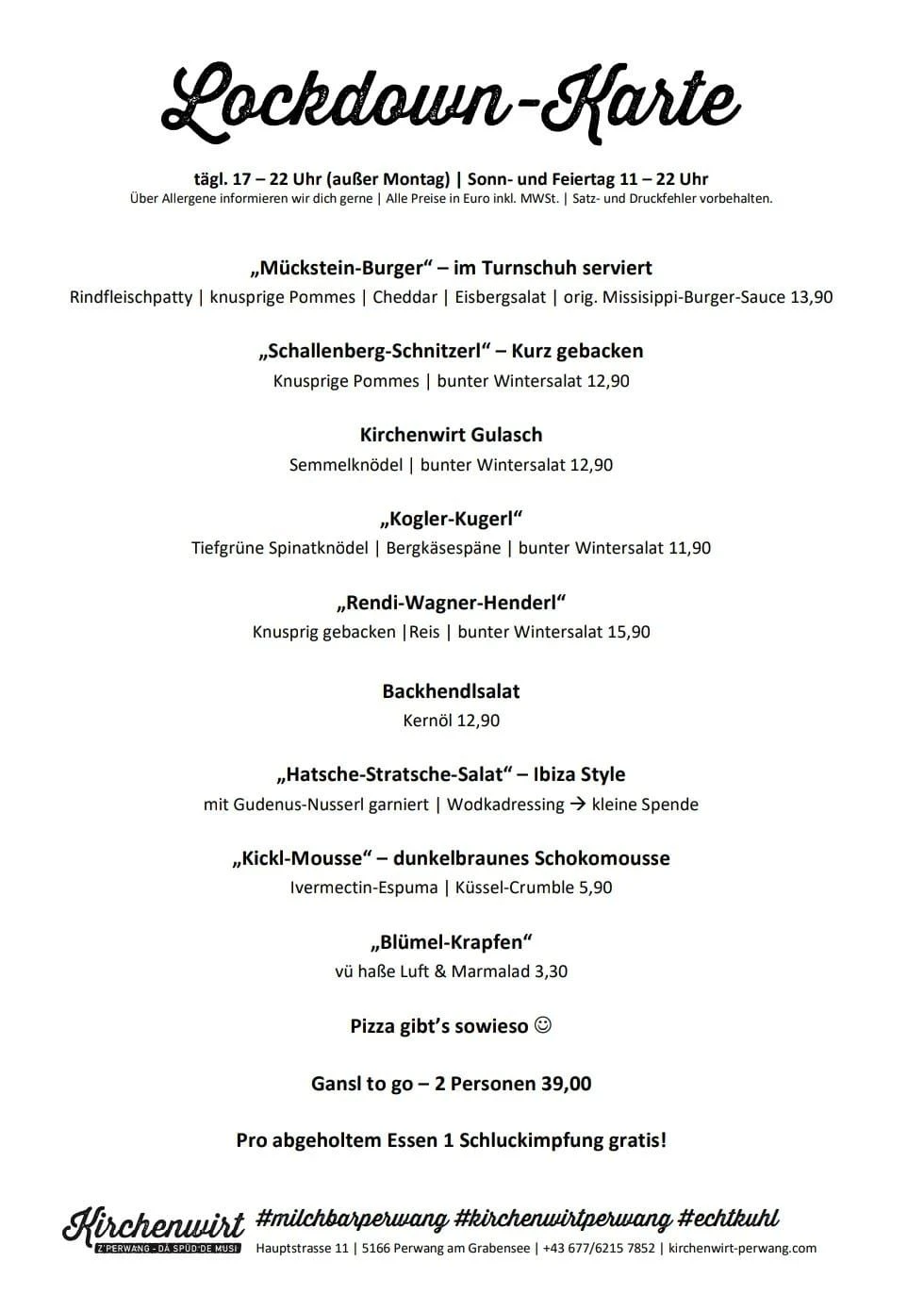 Die "Lockdown-Speisekarte" mit u.a. Mückstein-Burger und Schallenberg-Schnitzerl