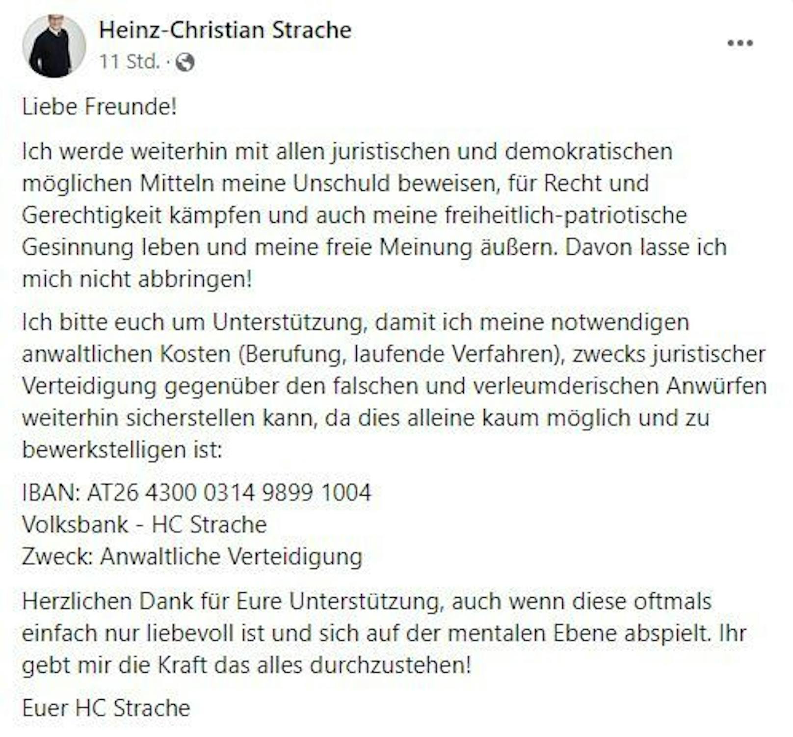 Auf Facebook bittet <strong>Heinz-Christian Strache</strong> seine Anhänger um finanzielle Unterstützung.
