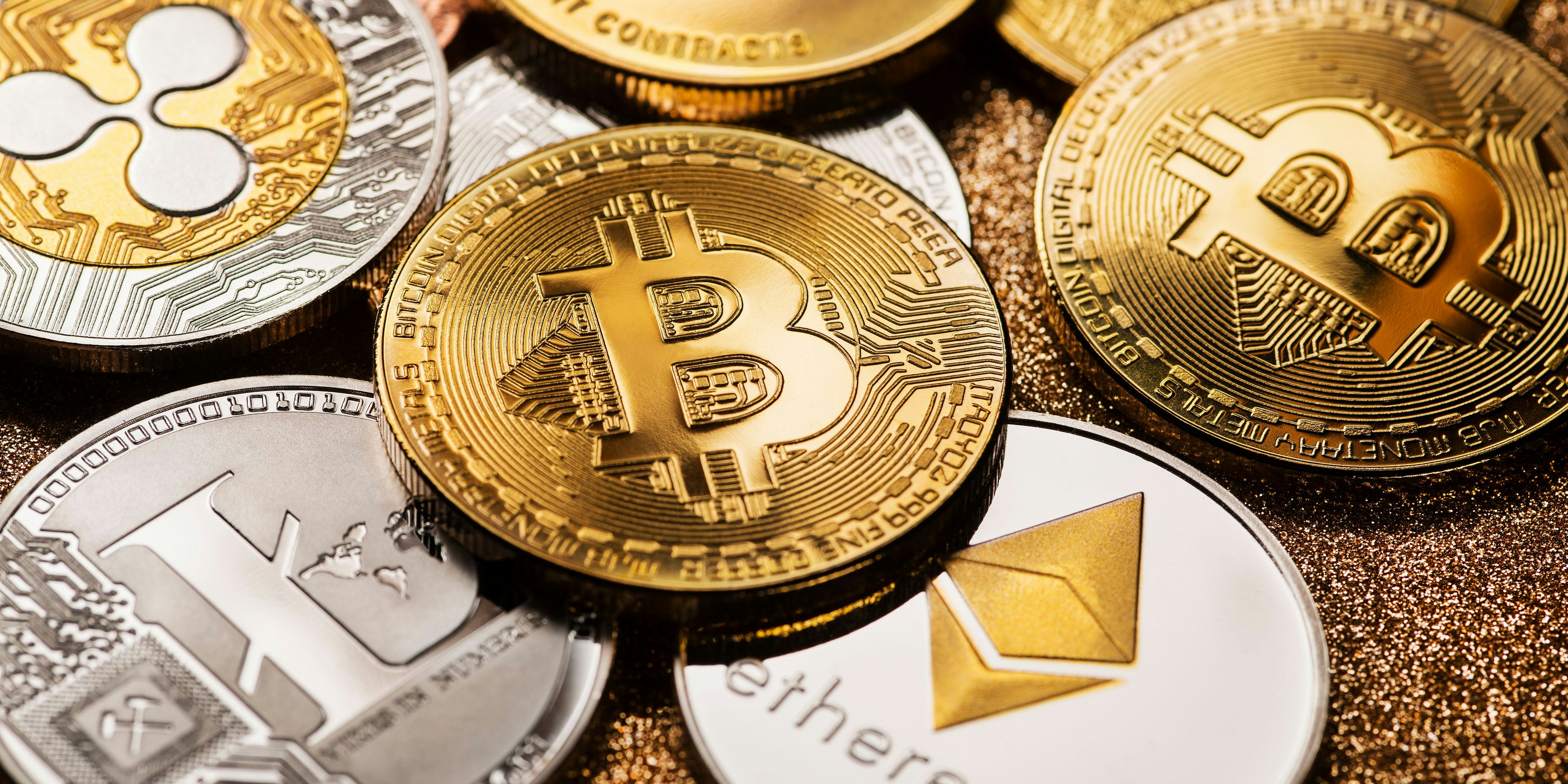 Ljubljana, Slovenia - may 14 Bitcoin and alt coins cryptocurrency close up shoot