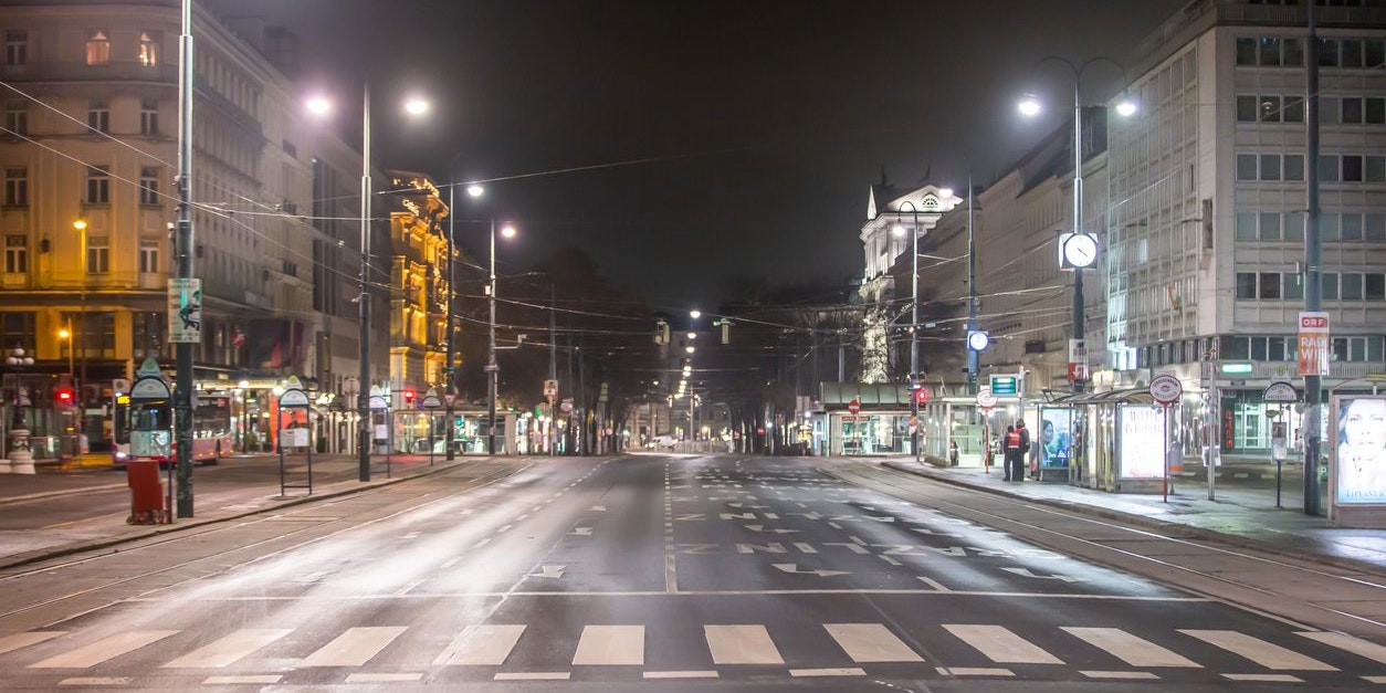 VIENNA, AUSTRIA - DECEMBER 7, 2020 - The government asks people to stay at home between 20.00 and 06.00 therefore the usually busy areas are quiet. Hardly any cars are driving on one of the city's busiest streets - the Ringstrasse. Hotels are closed and the center is in sleep mode.