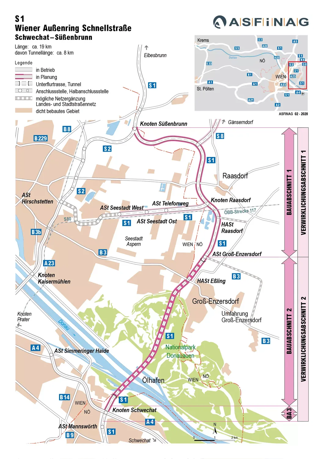 Bauabschnitt 2 wird nicht realisiert.&nbsp;Die Lobau-Autobahn inklusive Tunnel (Knoten Schwechat bis ASt Groß Enzersdorf) wird aus Klimaschutzgründen nicht gebaut. Der obere Teil der Wiener Außenring Schnellstraße S1 wird jetzt neu geplant.