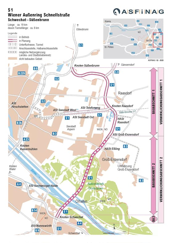 Bauabschnitt 2 wird nicht realisiert.&nbsp;Die Lobau-Autobahn inklusive Tunnel (Knoten Schwechat bis ASt Groß Enzersdorf) wird aus Klimaschutzgründen nicht gebaut. Der obere Teil der Wiener Außenring Schnellstraße S1 wird jetzt neu geplant.