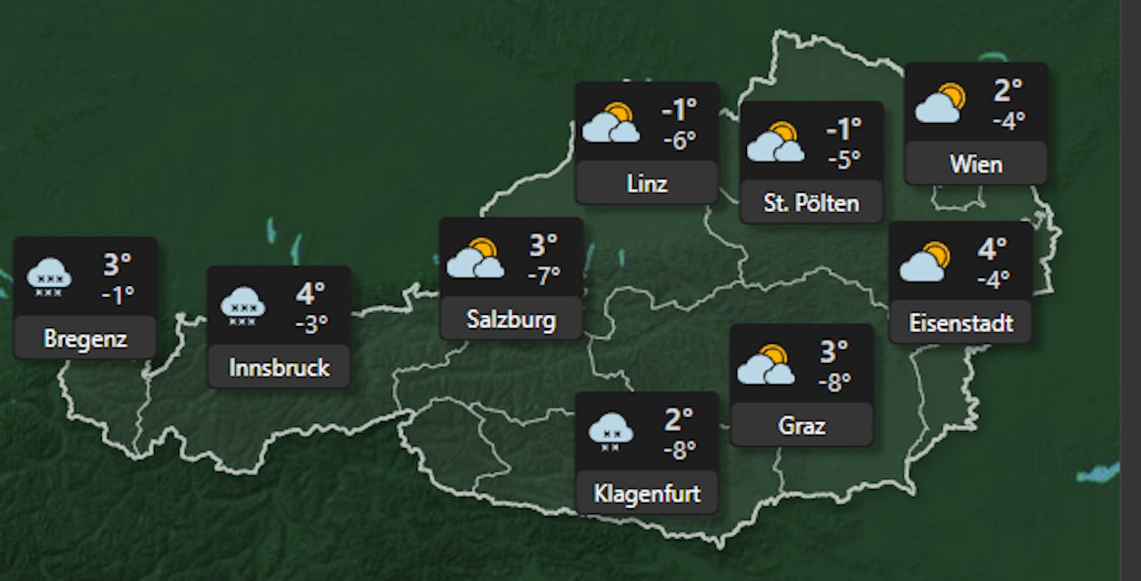 Deutlich ungemütlicher ist das Wetter in Österreich am 9. Dezember 2021. Vor allem im Westen Österreichs soll es zu stärkeren Schneefällen kommen.. Im Osten hingegen zeigt sich die Sonne über den Tag hinweg immer öfters.&nbsp;