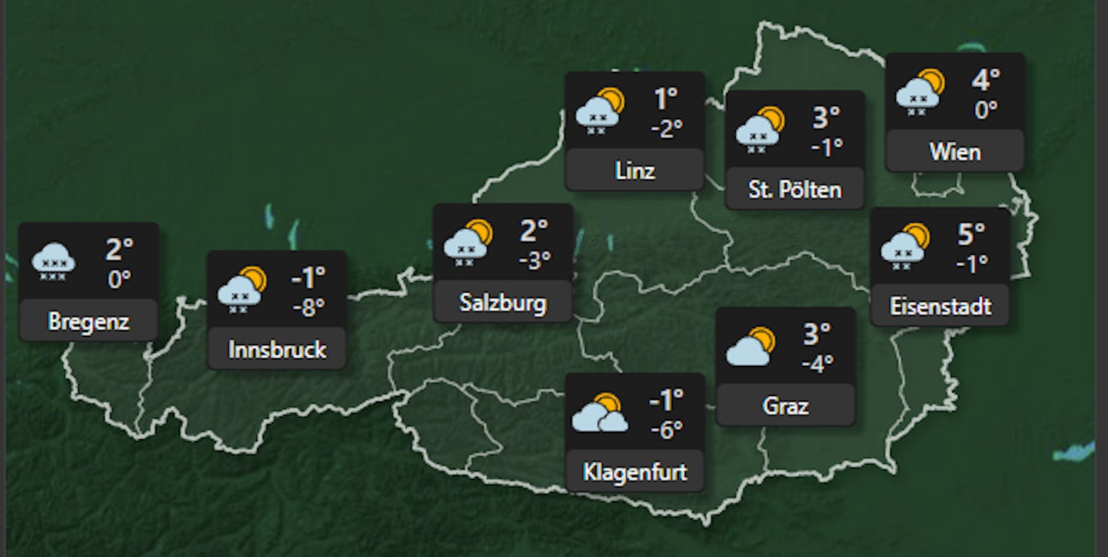 Zu Wochenbeginn am 6. Dezember halten sich von Vorarlberg bis Oberösterreich dichte Wolken und zeitweise gehen ein paar Schneeschauer nieder, im Flachland entlang der Donau fällt auch Regen oder Schneeregen. Im Osten und Süden lockern die Nebel- und Hochnebelfelder tagsüber auf und mit einigen Sonnenstunden bleibt es auch meist trocken.