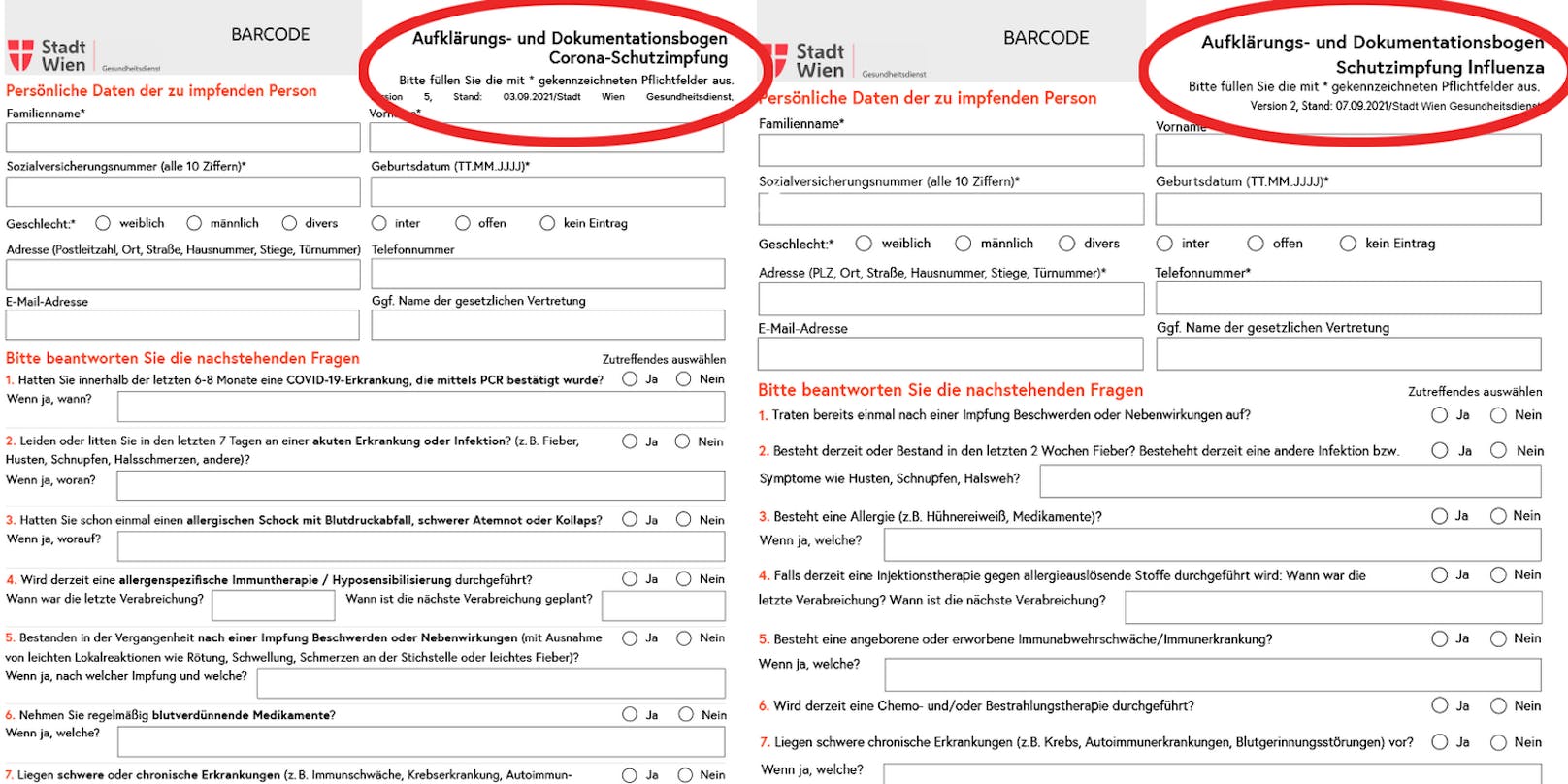 Die Aufklärungs- und Dokumentationsbögen der Stadt Wien sehen identisch aus.