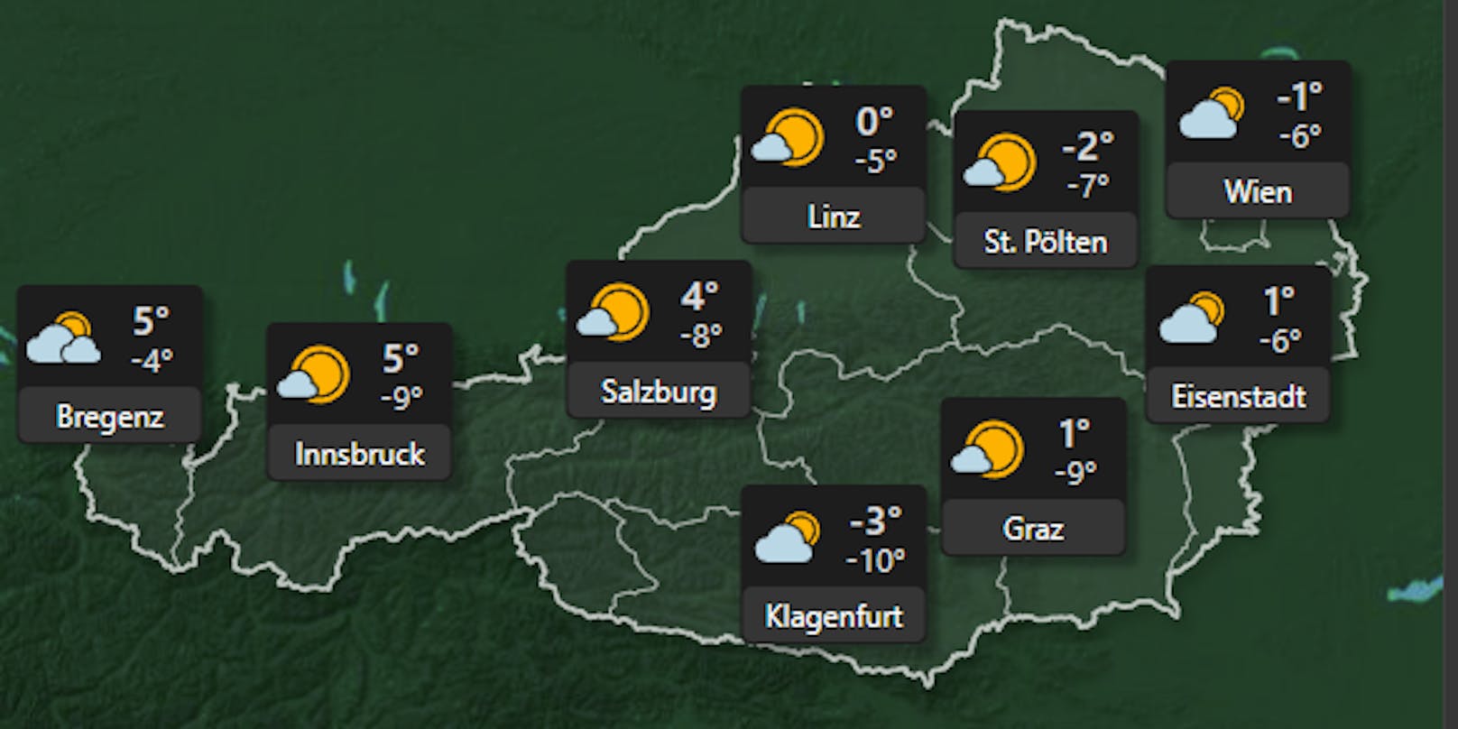 Am 8. Dezember ist derzeit viel Sonne bei frischen Temperaturen von bis zu -10 Grad zu erwarten. Vereinzelt kann es im Westen Österreichs zu Schneefällen kommen, ansonsten sollte der Feiertag in ganz Österreich eher trocken über die Bühne gehen.&nbsp;