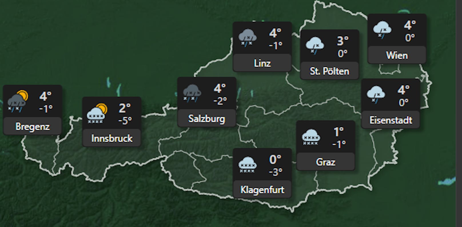 Der Sonntag verläuft landesweit unbeständig und vor allem im zentralen und östlichen Bergland winterlich mit zeitweiligem Schneefall. Anfangs ist im östlichen Flachland auch teils gefrierender Regen möglich. Die Sonne zeigt sich höchstens zwischendurch, am ehesten lockert es in Vorarlberg und Nordtirol auf.
