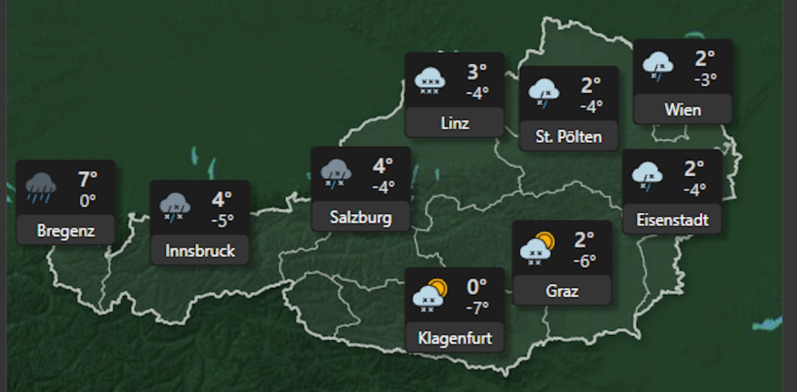 Am Samstag - dem 4. Dezember - überwiegen die Wolken, im Laufe des Tages breiten sich von Westen her Schneefall und Regen entlang der Alpennordseite aus. Mit gefrierendem Regen ist in der Früh in Vorarlberg, tagsüber vor allem im oberösterreichischen Donauraum und am Abend dann allmählich auch im Osten zu rechnen.