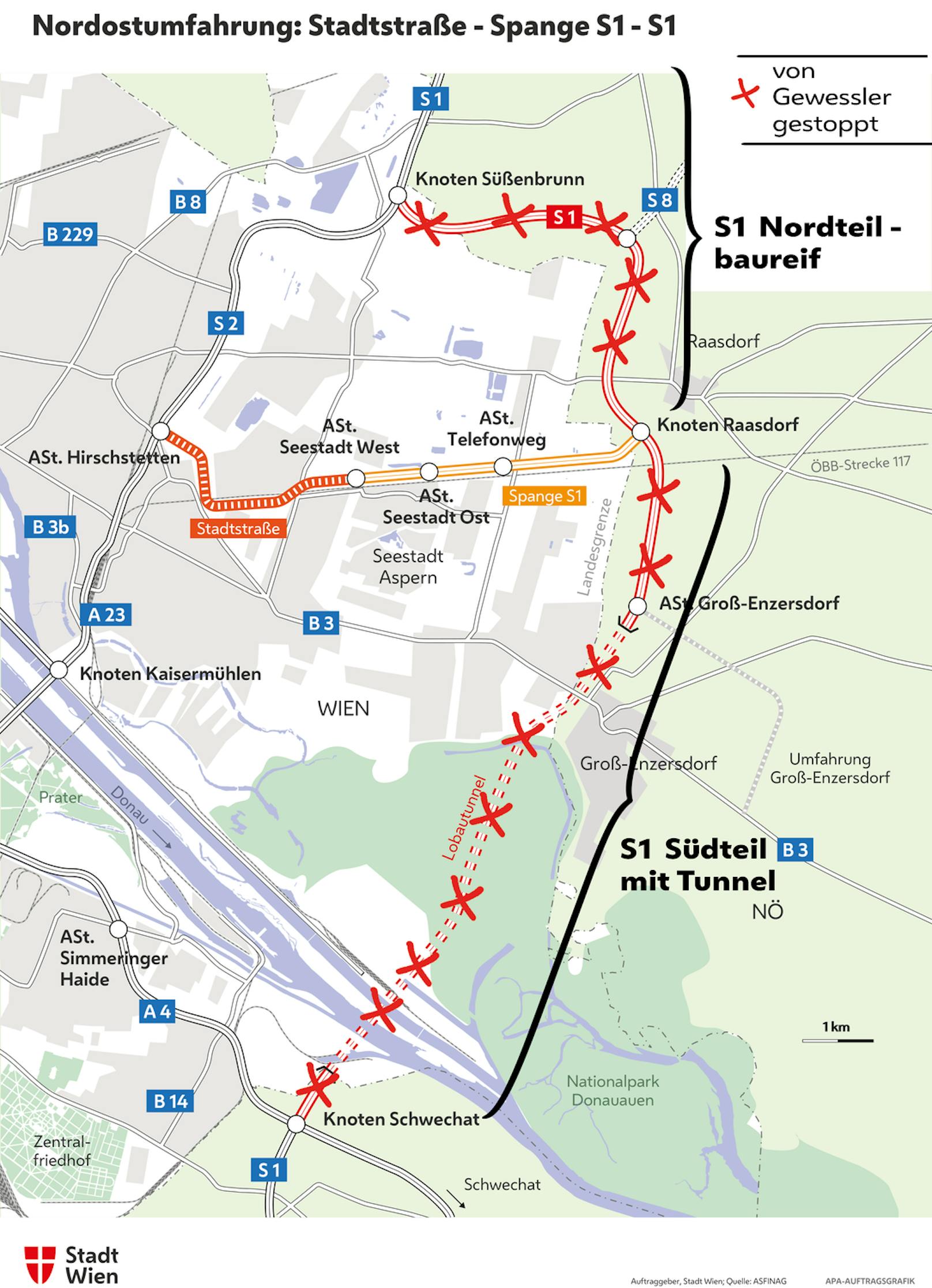Die Wiener Nordostumfahrung: Was kommt und was (vorerst) nicht: Gebaut werden kann die Stadtstraßen und die S1-Spange bis Raasdorf. Dort enden aber die Pläne.