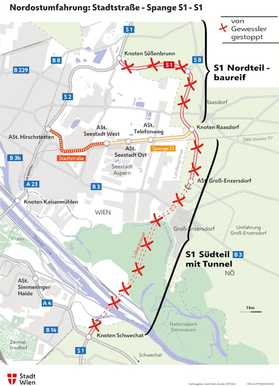 Die Wiener Nordostumfahrung: Was kommt und was (vorerst) nicht: Gebaut werden kann die Stadtstraßen und die S1-Spange bis Raasdorf. Dort enden aber die Pläne.