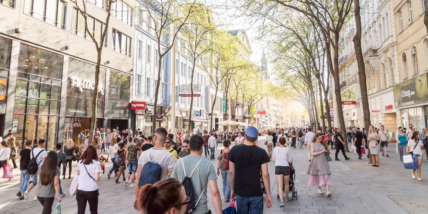 Mariahilfer street, largest shopping avenue in Vienna, Vienna Austria April.20, 2018