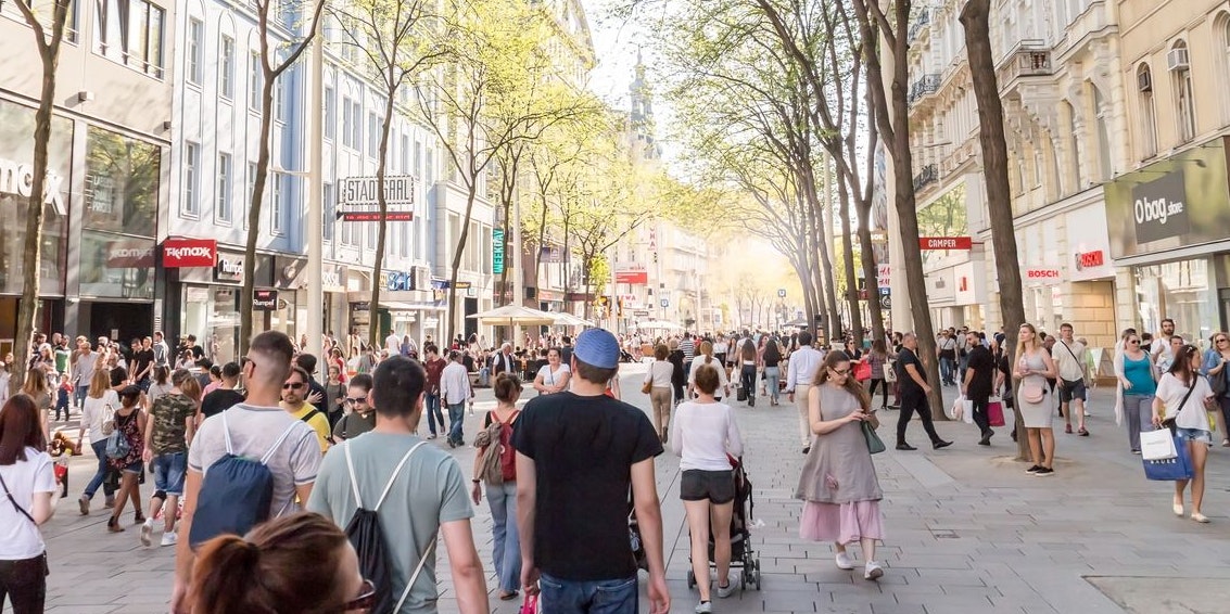 Mariahilfer street, largest shopping avenue in Vienna, Vienna Austria April.20, 2018