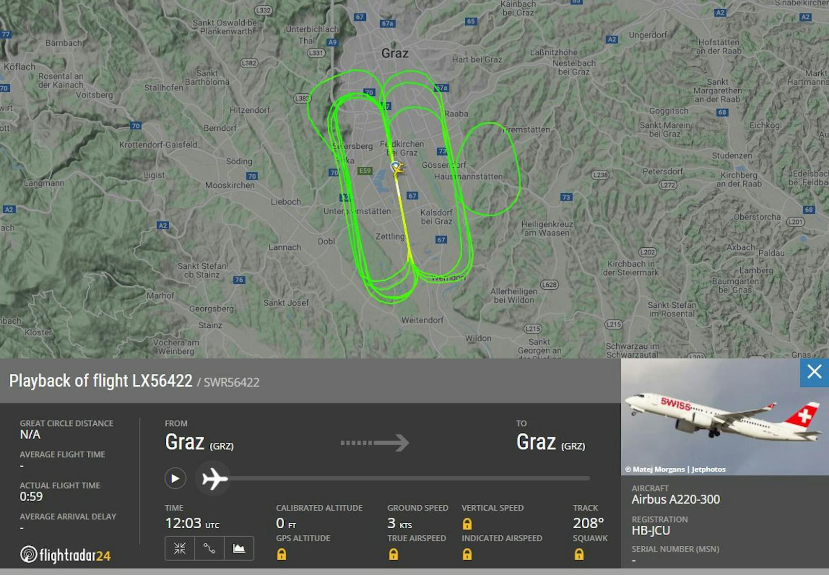 Die Schweizer Fluggesellschaft Swiss Air drehte mit einem Airbus A220-300 (Registrierung HB-JCU) seltsame Runden über Graz.