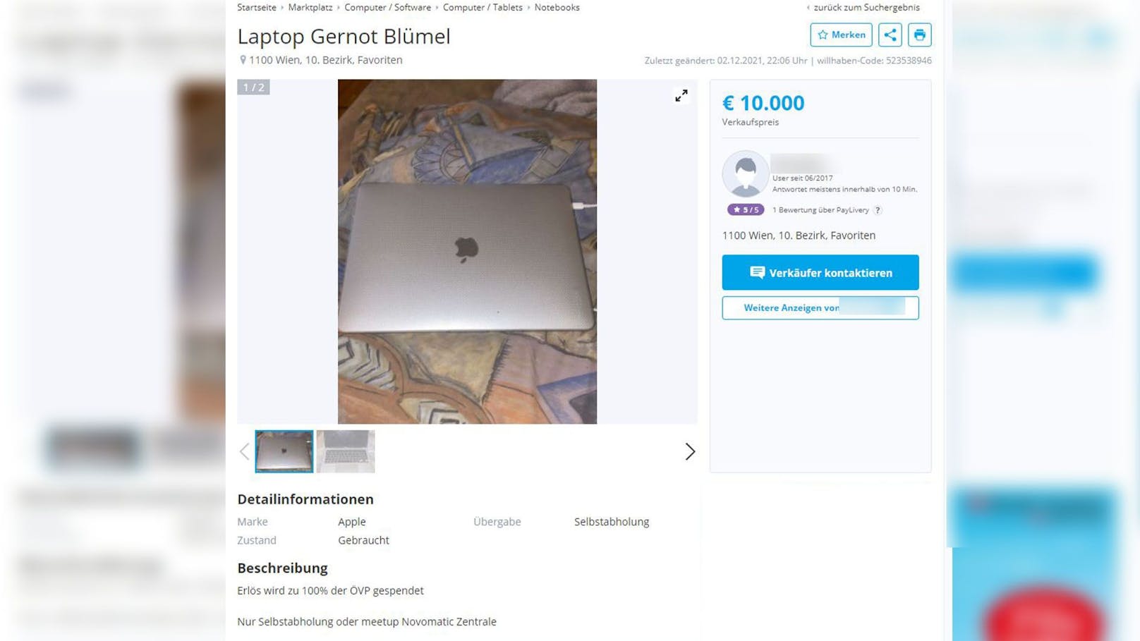 Willhaben-User verkauft "Blümels Laptop" um 10.000 Euro