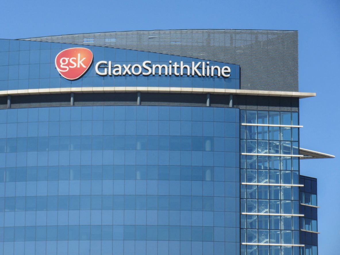 Close up of signage and logo of the Glaxo Smith Kline hq in west London- a multinational pharmaceuticals company