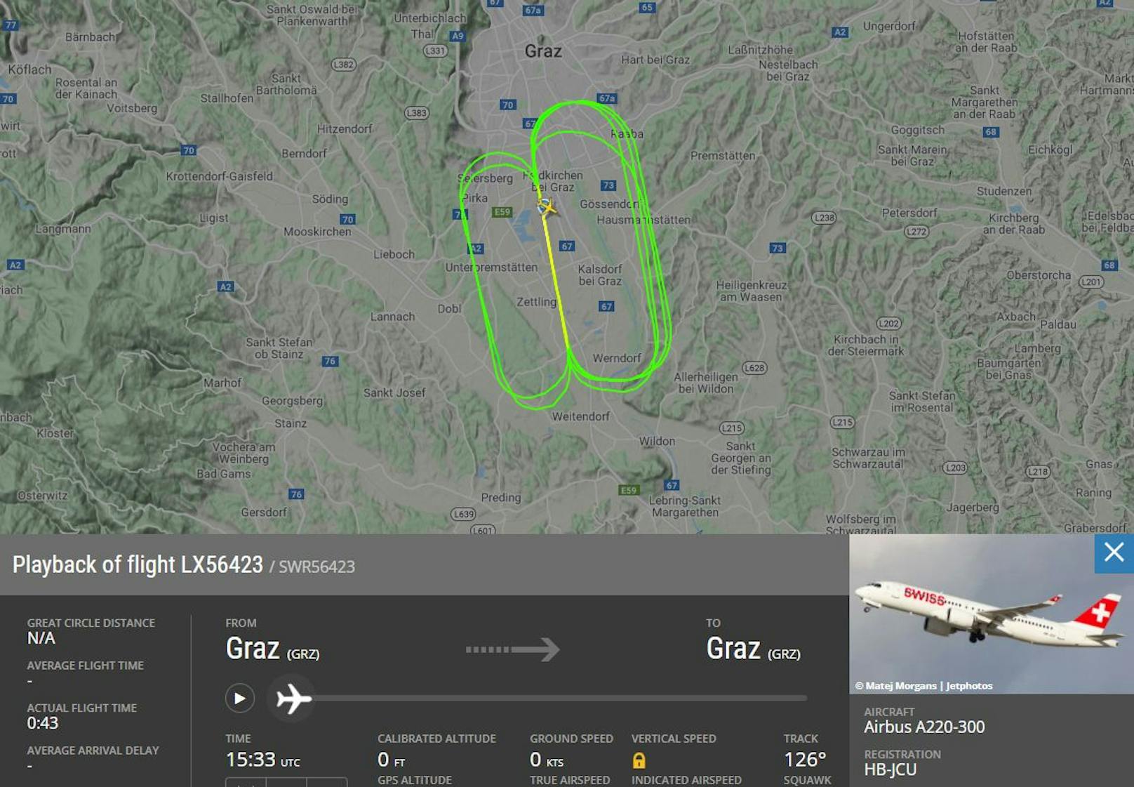 Die Schweizer Fluggesellschaft Swiss Air drehte mit einem Airbus A220-300 (Registrierung HB-JCU) seltsame Runden über Graz.