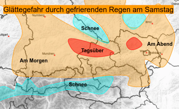 Potential für gefrierenden Regen (orange/rot) am Samstag.