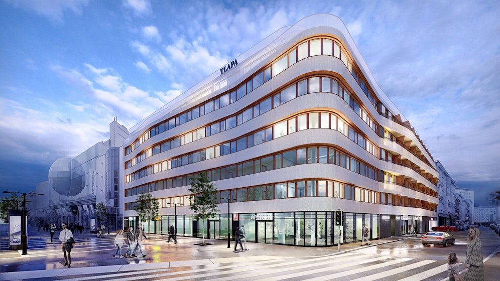Die Visualisierung zeigt, wie das Bauprojekt auf dem Grund des ehemaligen Modehaus Tlapa in Wien-Favoriten bis Anfang 2024 aussehen soll.&nbsp;