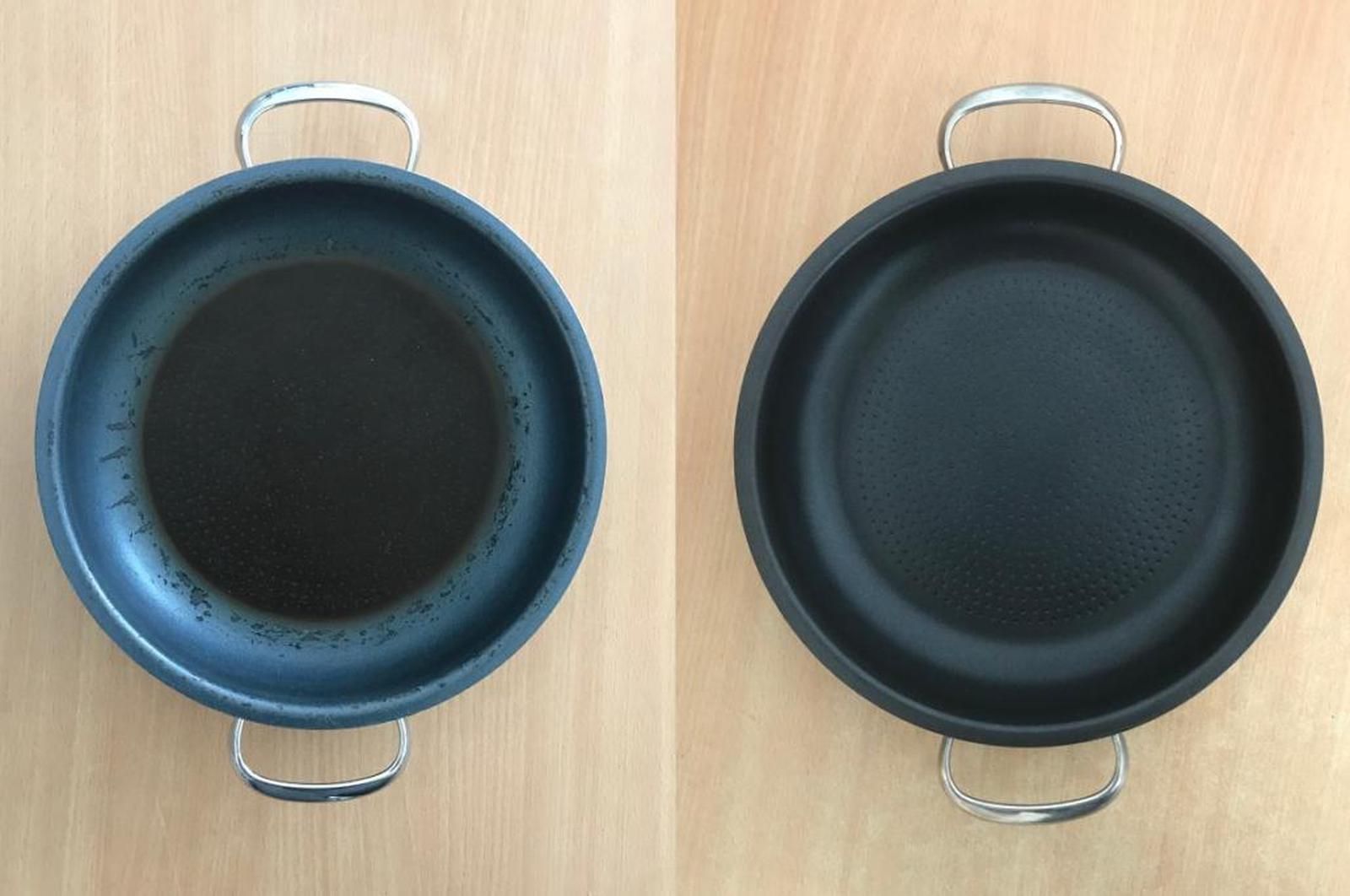 Vorher- und Nachher-Bild eines neu beschichteten Woks.