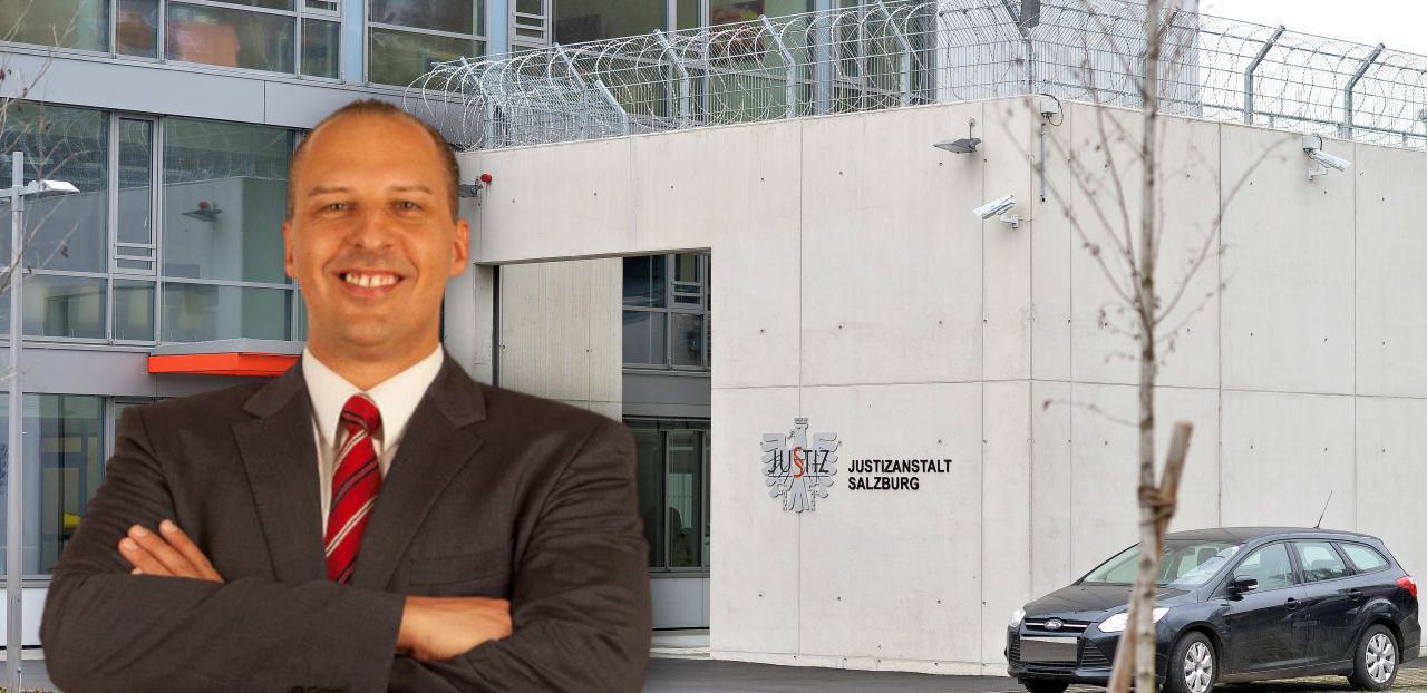 Anwalt Mahrer und die Justizanstalt Salzburg im Hintergrund. (Montage)
