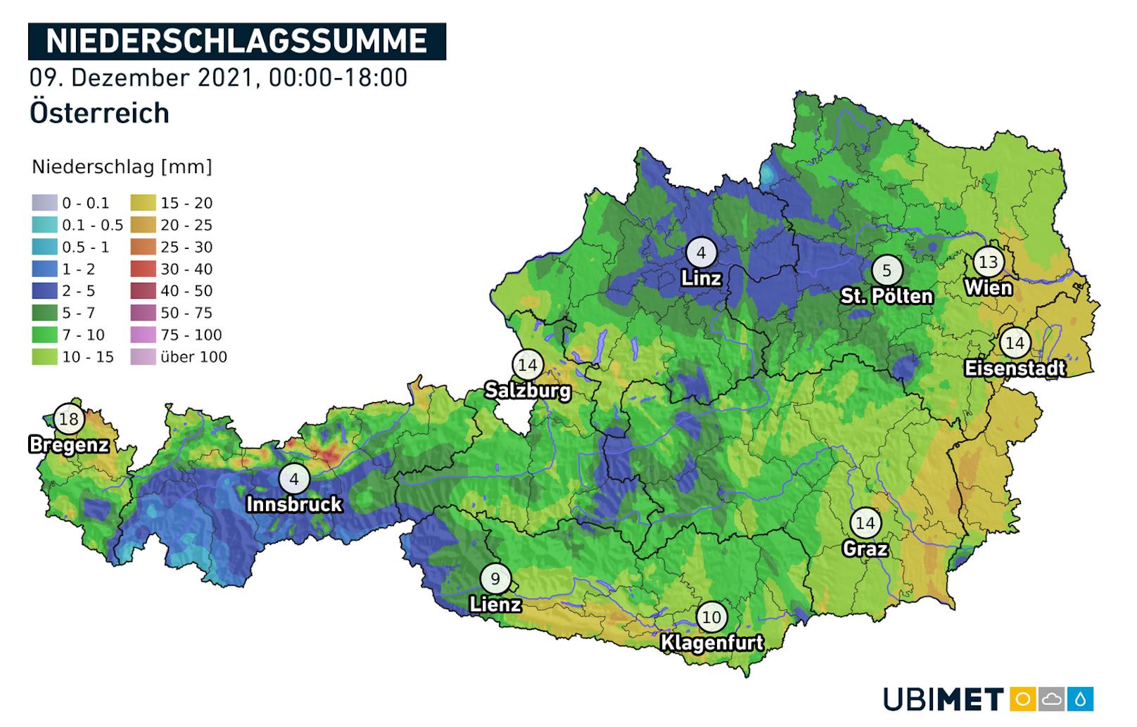 Niederschlagssumme in Österreich am 9. Dezember zwischen 0 und 18 Uhr.