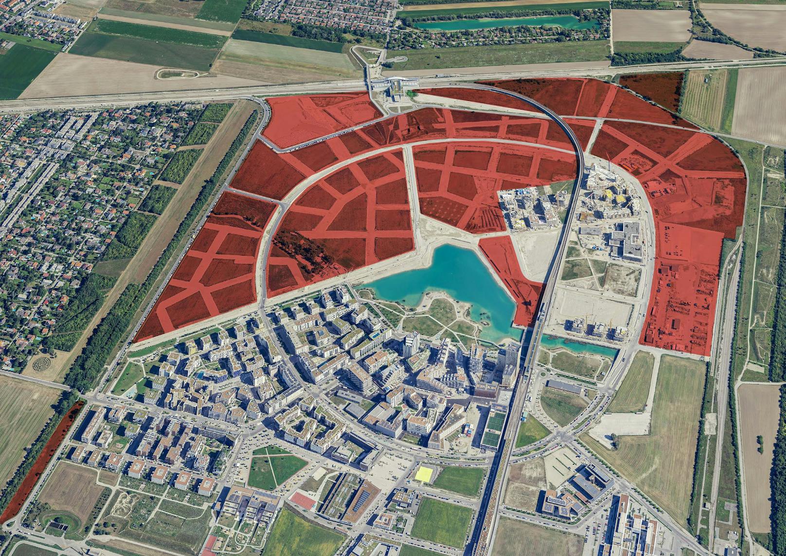 So könnte die gesamte Seestadt Nord (rot eingezeichnet) nicht wie geplant gebaut werden. 
