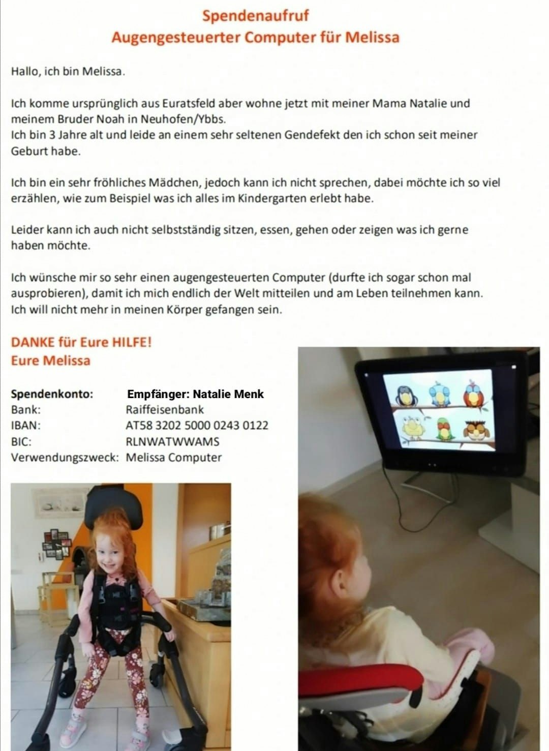 Hilfsaktion für Melissa wurde gestartet.