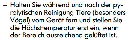 Der Warnhinweis zu Vögeln und Pyrolyse im deutschen "Kulinarisk"-Handbuch.
