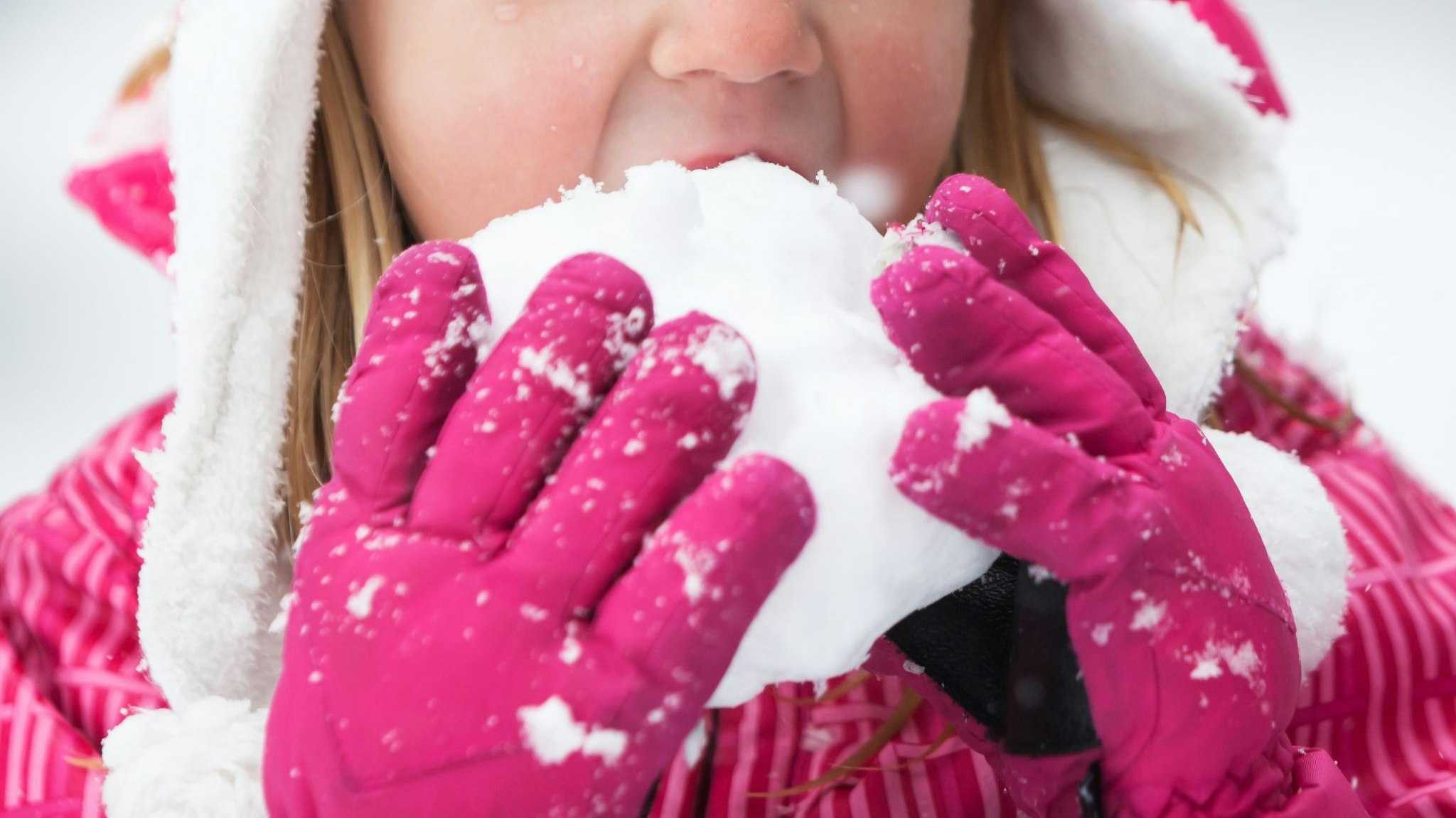 A six year old girl wearing a white hat, pink gloves and a winter jacket is eating a snowball. Snowflakes are falling against a blurred wintery background. Melted snow forms water drops on her face.