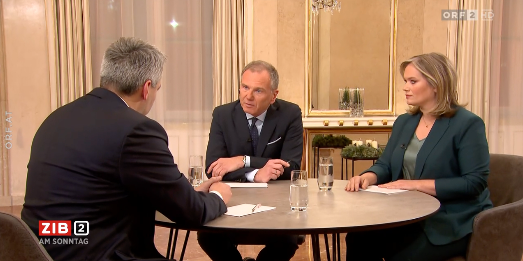 Die Fragen kamen von ZiB-Anchor Armin Wolf und Puls 4-Infochefin Corinna Milborn.