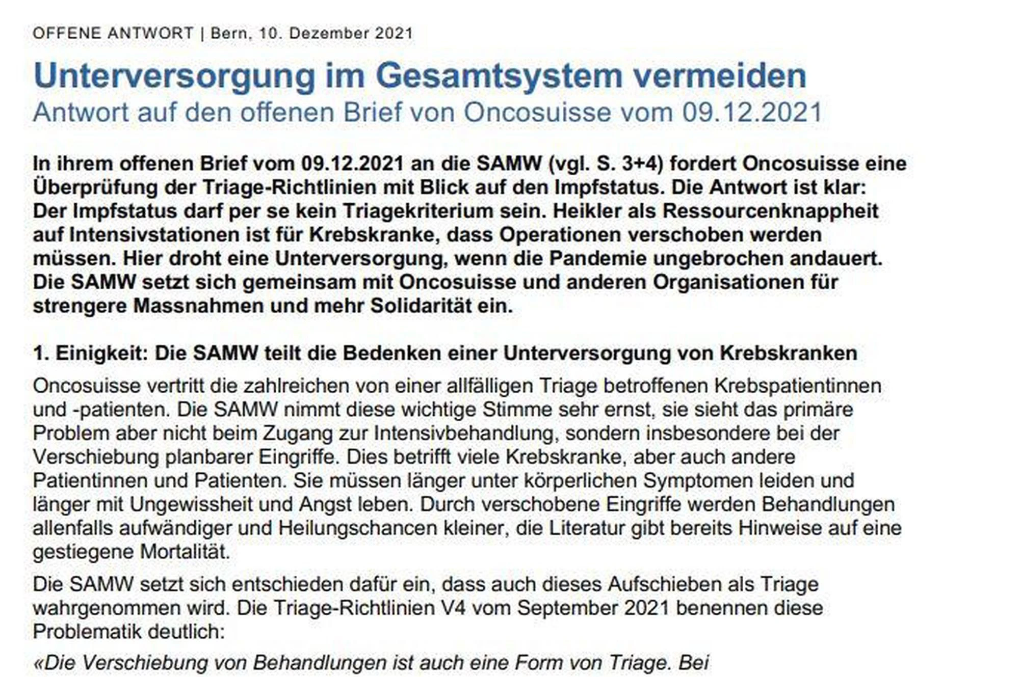 Stellungnahme der Schweizerischen Akademie der medizinischen Wissenschaften vom Freitag, 10. Dezember.