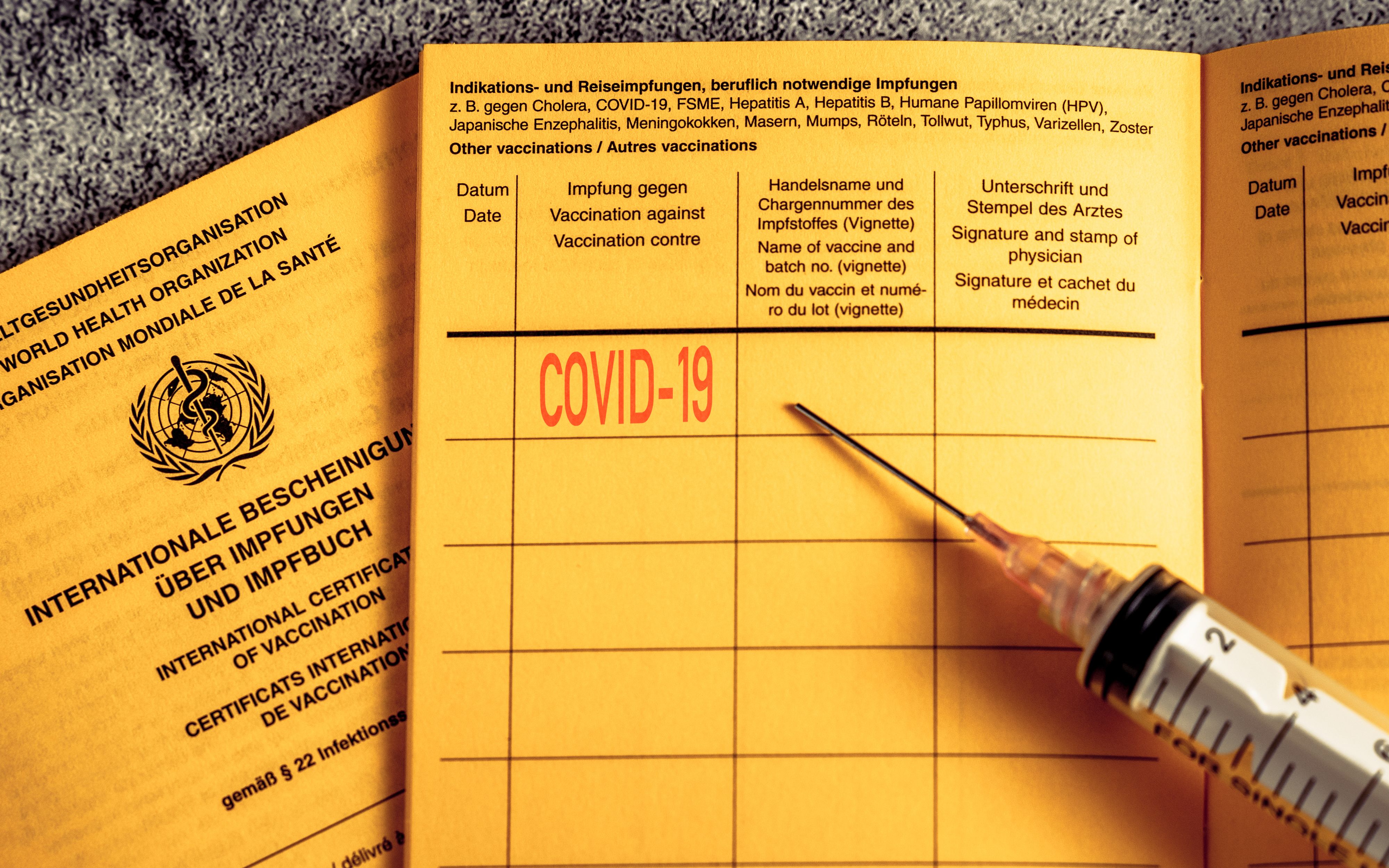 bavaria, germany - 08 april 2021: vaccination book with covid-19 vaccination card and a syringe. Internationaler Impfpass