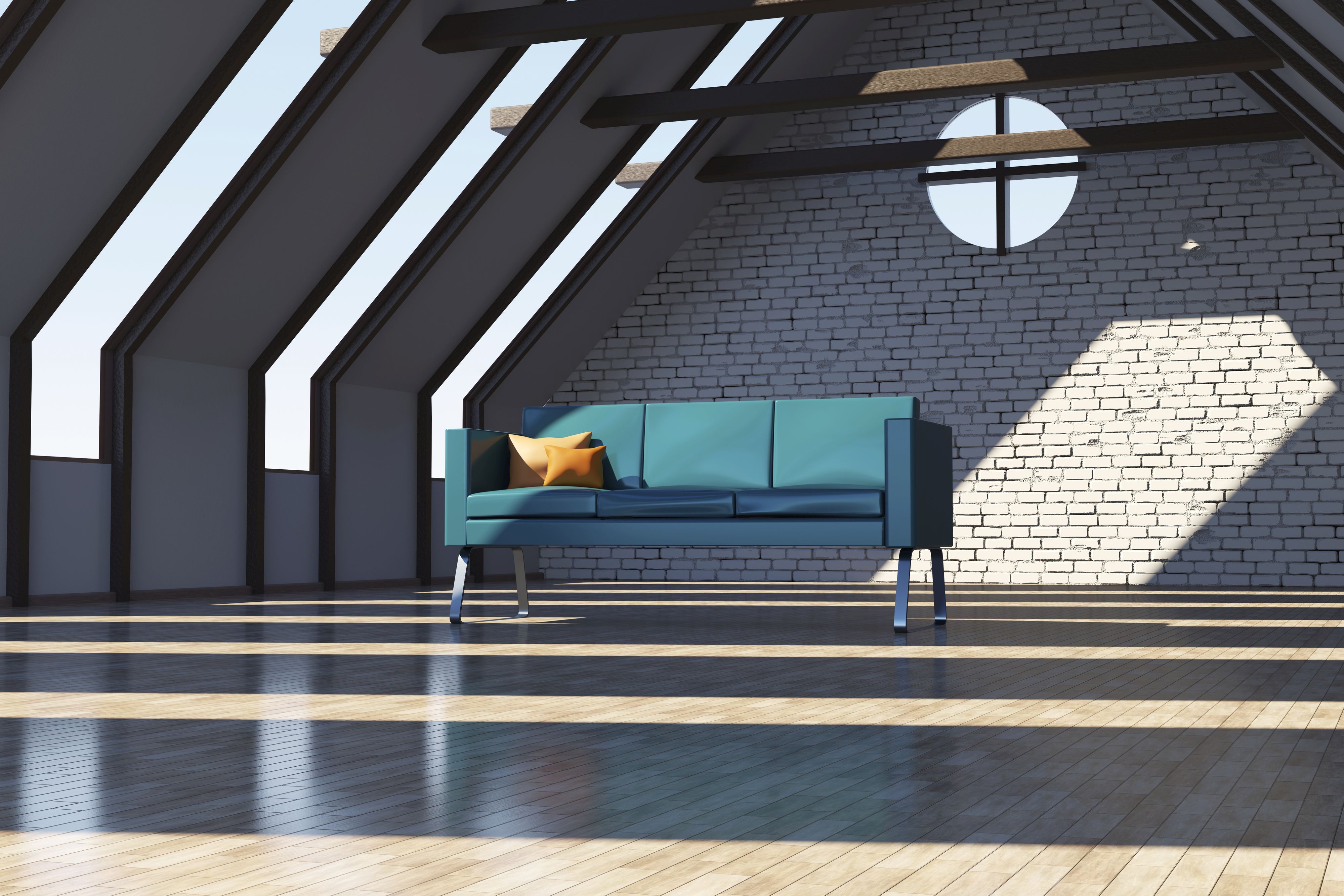 Download von www.picturedesk.com am 15.12.2021 (14:23).  Three dimensional render of sofa standing in empty loft apartment - 20210705_PD14305 - Rechteinfo: Royalty Free (RF) Model Released