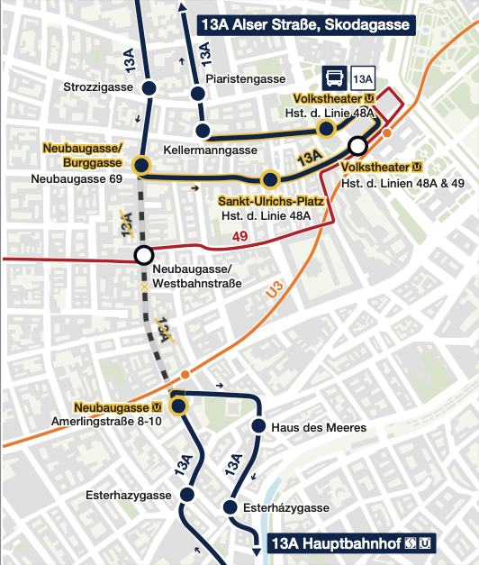 Die Linie 13A wird nicht zwischen den Stationen Neubaugasse, U und Neubaugasse, Burggasse geführt.