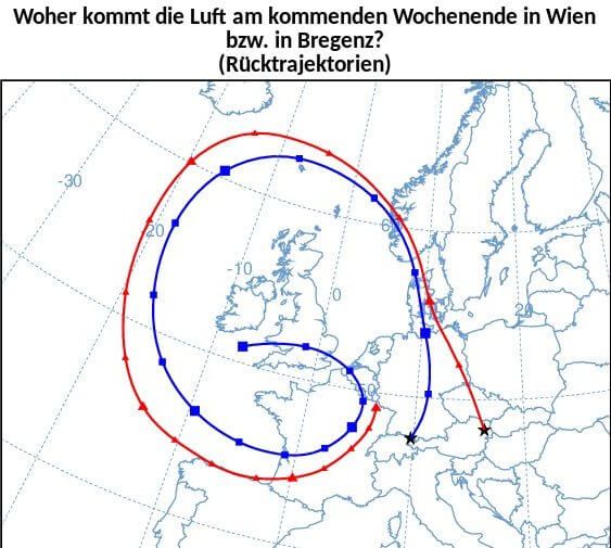 Trajektorien der Luftmasse in Wien und Bregenz bis zum kommenden Sonntag