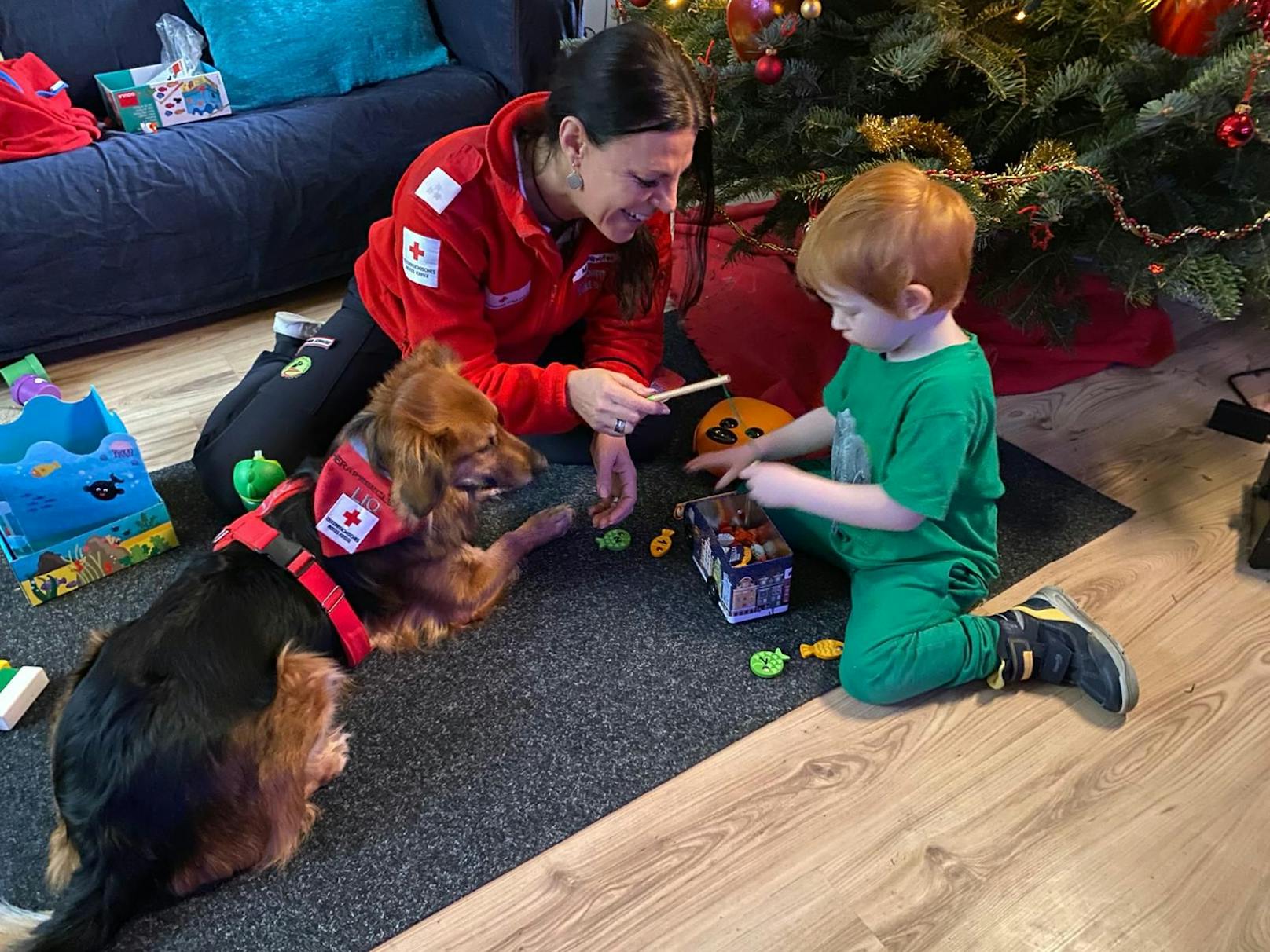 Lukas fütterte zum ersten Mal Therapiehund Lio vom Roten Kreuz Schwechat.